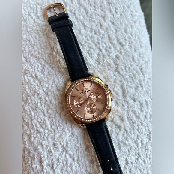 ‎Coach Black Leather Watch, Rose Gold - Picture 1 of 5
